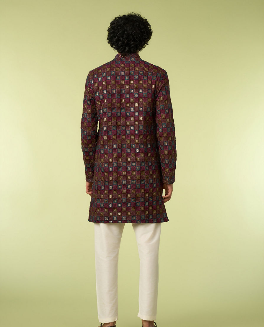 Diwas Men Wine Viscose Kurta with Chikankari and Sequins