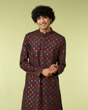 Diwas Men Wine Viscose Kurta with Chikankari and Sequins