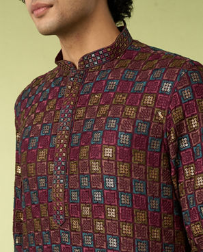 Diwas Men Wine Viscose Kurta with Chikankari and Sequins