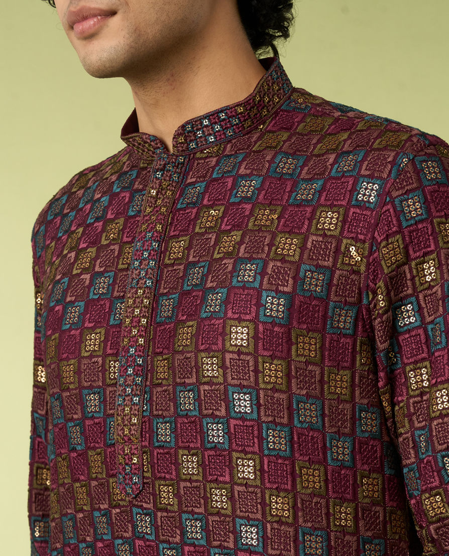 Diwas Men Wine Viscose Kurta with Chikankari and Sequins