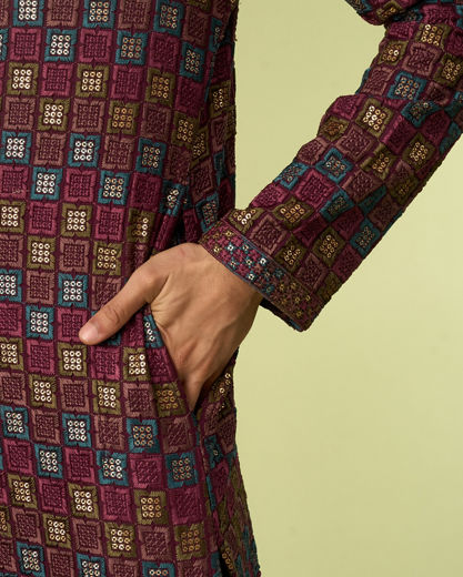 Diwas Men Wine Viscose Kurta with Chikankari and Sequins