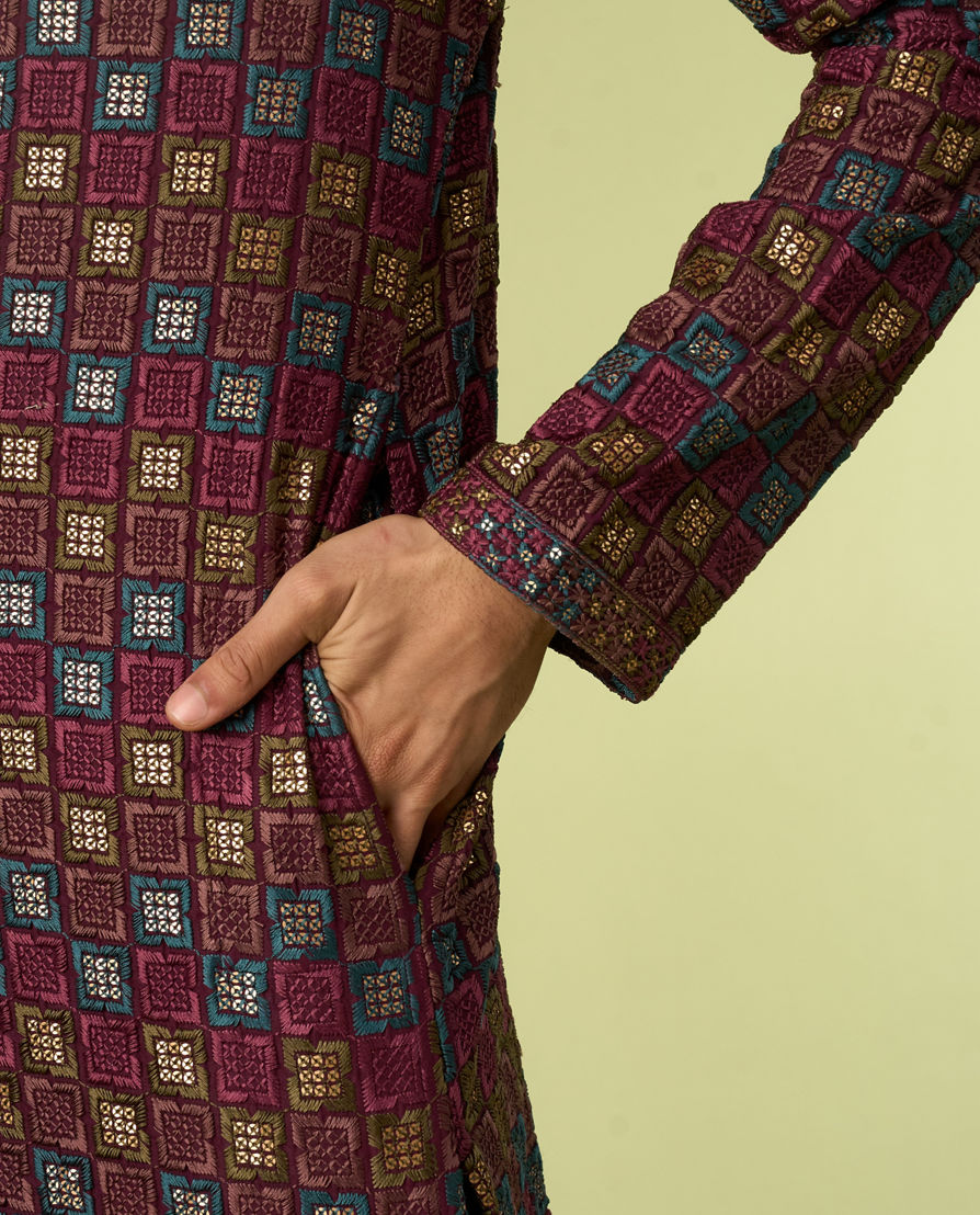 Diwas Men Wine Viscose Kurta with Chikankari and Sequins