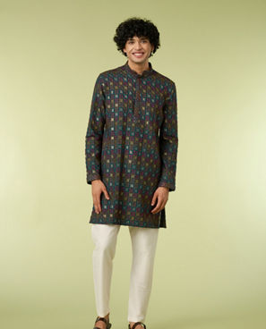 Diwas Men Teal Blue Printed Kurta with Chikankari Design