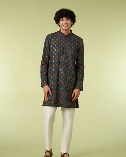Diwas Men Teal Blue Printed Kurta with Chikankari Design