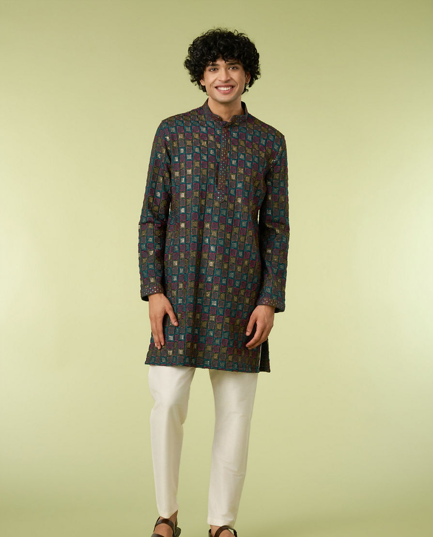 Diwas Men Teal Blue Printed Kurta with Chikankari Design