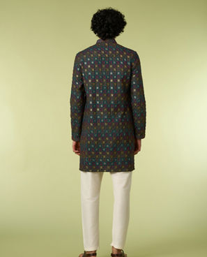 Diwas Men Teal Blue Printed Kurta with Chikankari Design