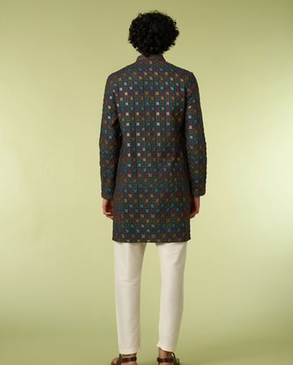 Diwas Men Teal Blue Printed Kurta with Chikankari Design