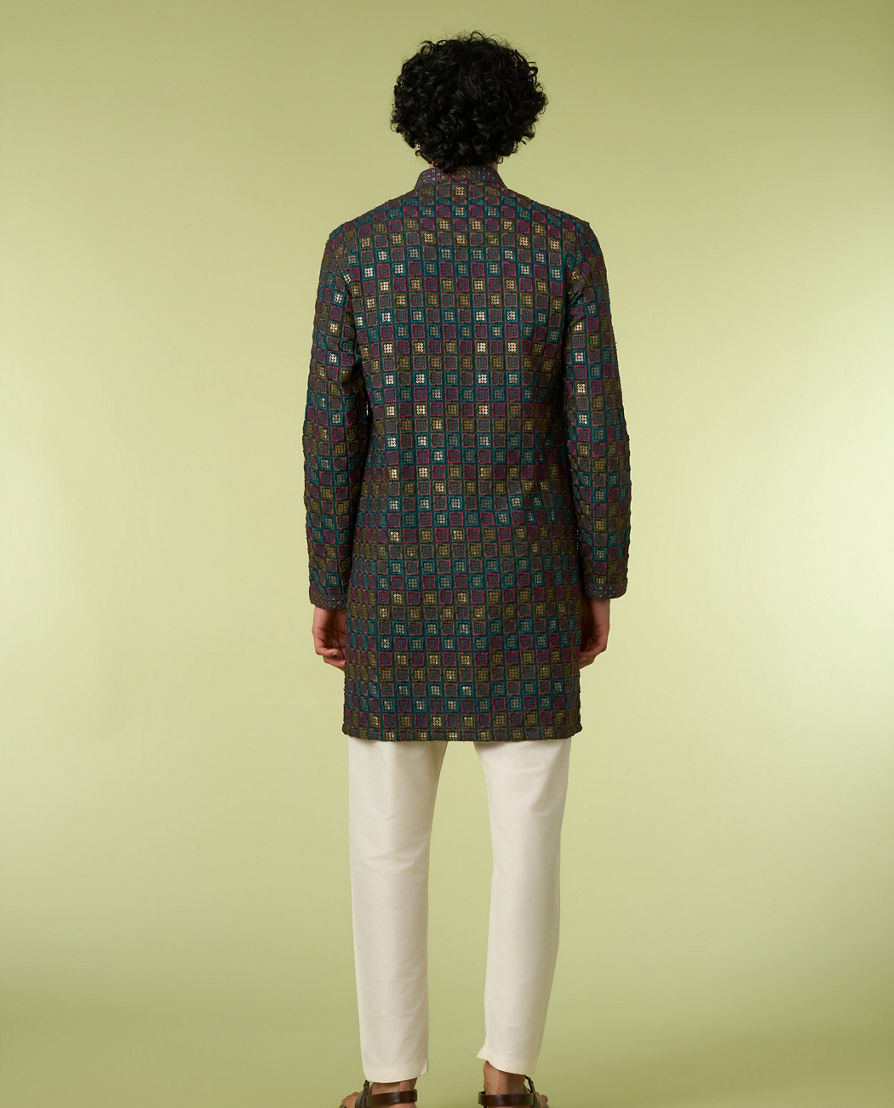 Diwas Men Teal Blue Printed Kurta with Chikankari Design