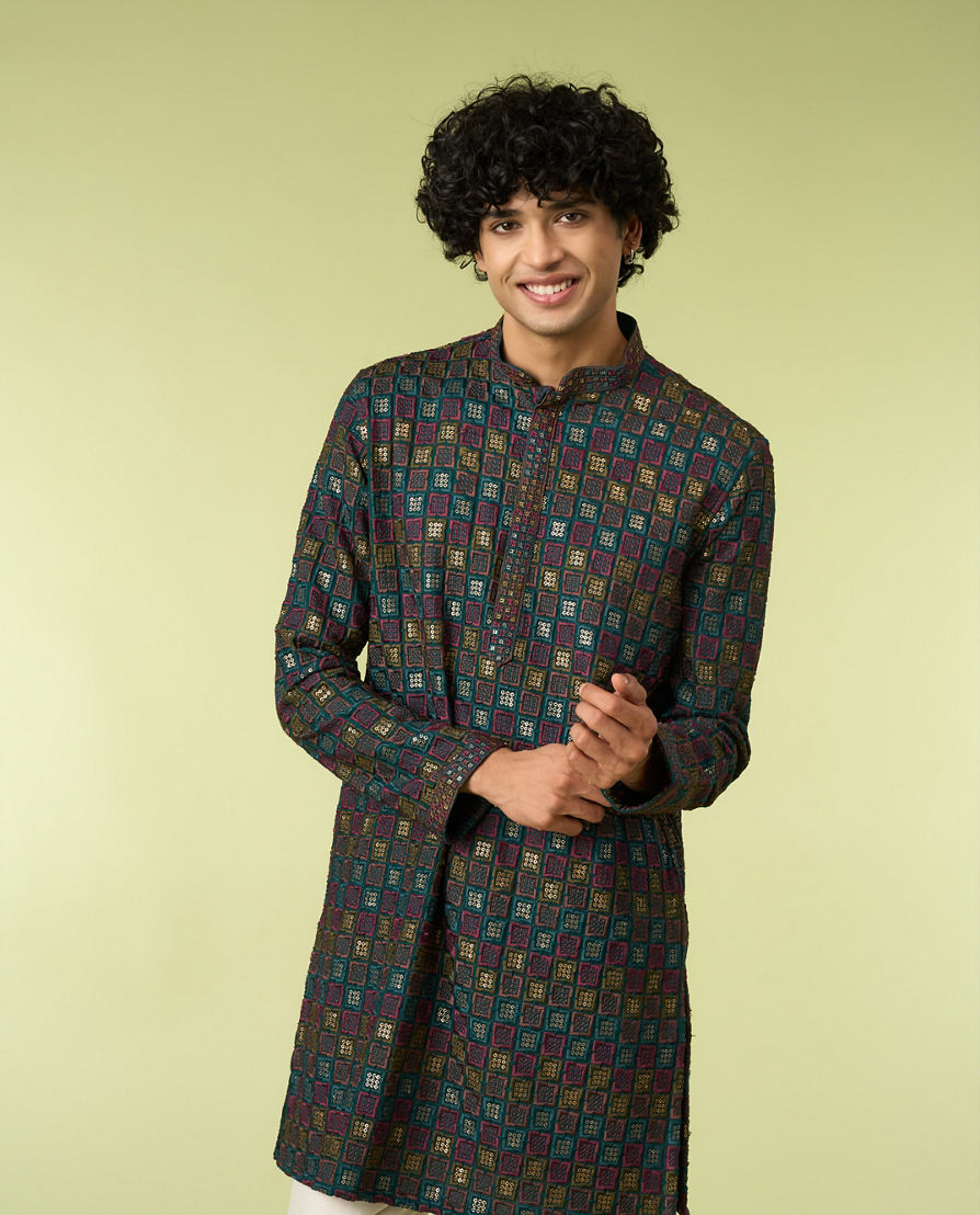 Diwas Men Teal Blue Printed Kurta with Chikankari Design