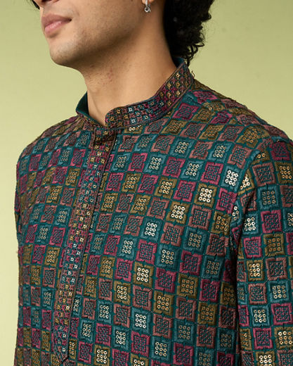 Diwas Men Teal Blue Printed Kurta with Chikankari Design