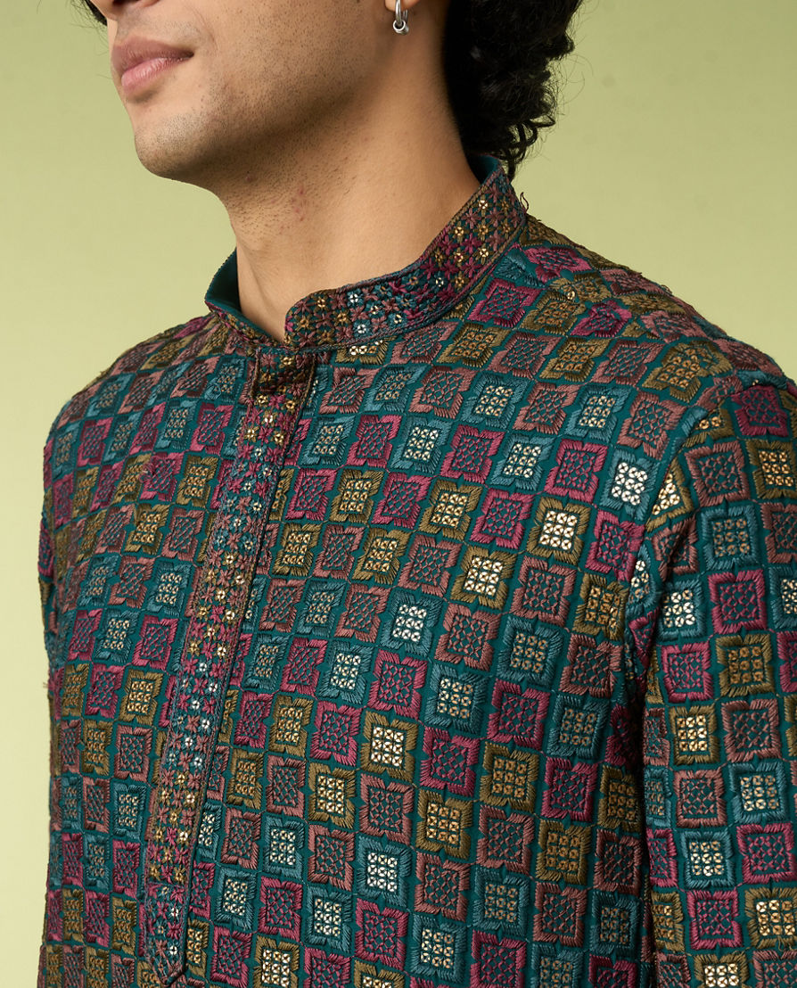 Diwas Men Teal Blue Printed Kurta with Chikankari Design