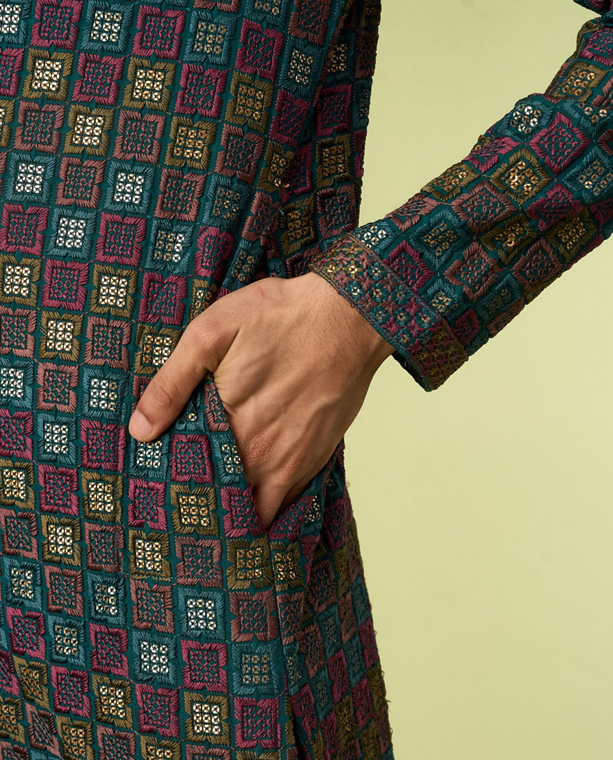 Diwas Men Teal Blue Printed Kurta with Chikankari Design