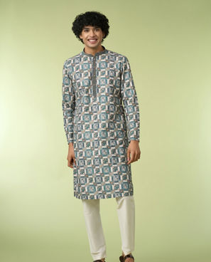 Diwas Men Teal Green Printed Kurta with Chikankari Design