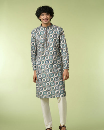 Diwas Men Teal Green Printed Kurta with Chikankari Design
