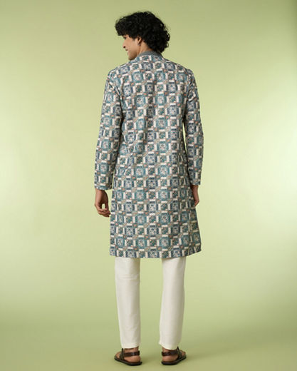 Diwas Men Teal Green Printed Kurta with Chikankari Design