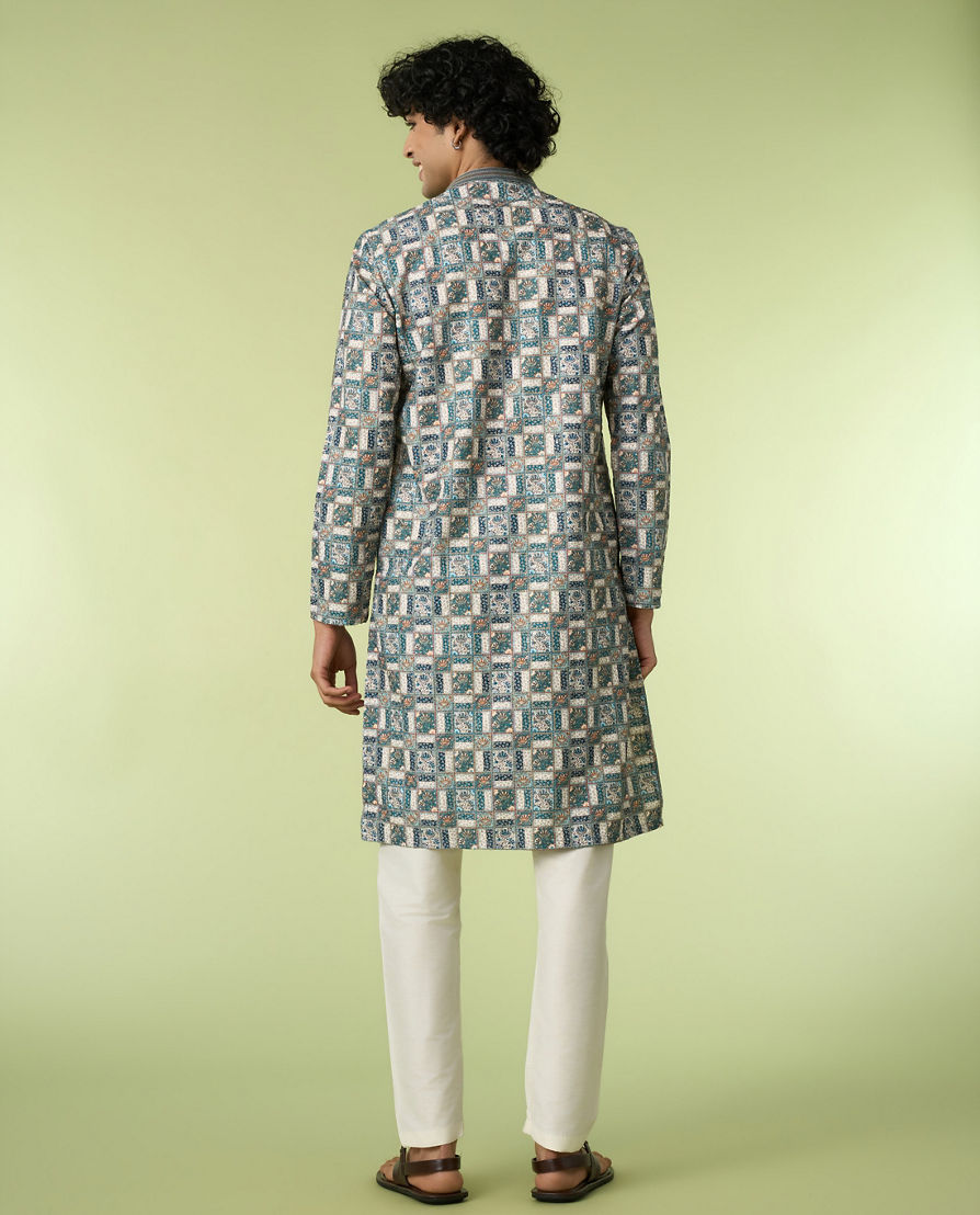 Diwas Men Teal Green Printed Kurta with Chikankari Design