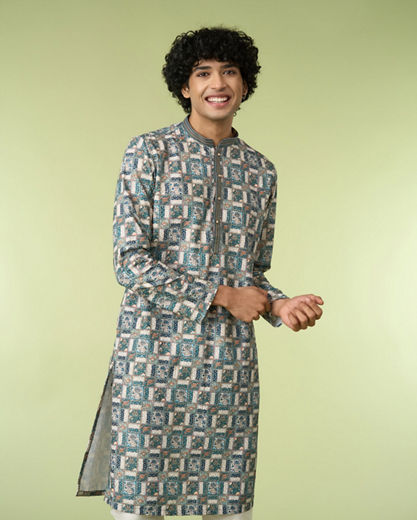 Diwas Men Teal Green Printed Kurta with Chikankari Design