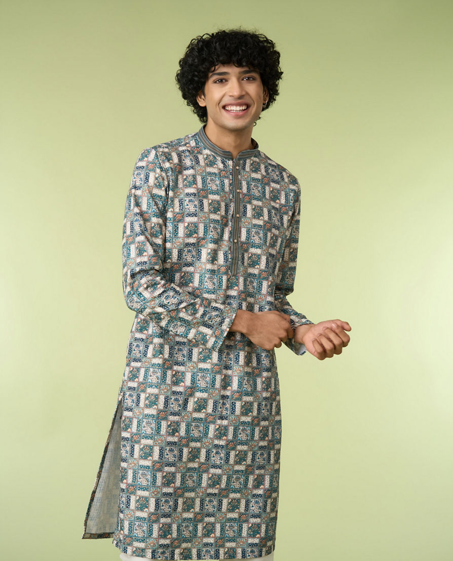 Diwas Men Teal Green Printed Kurta with Chikankari Design