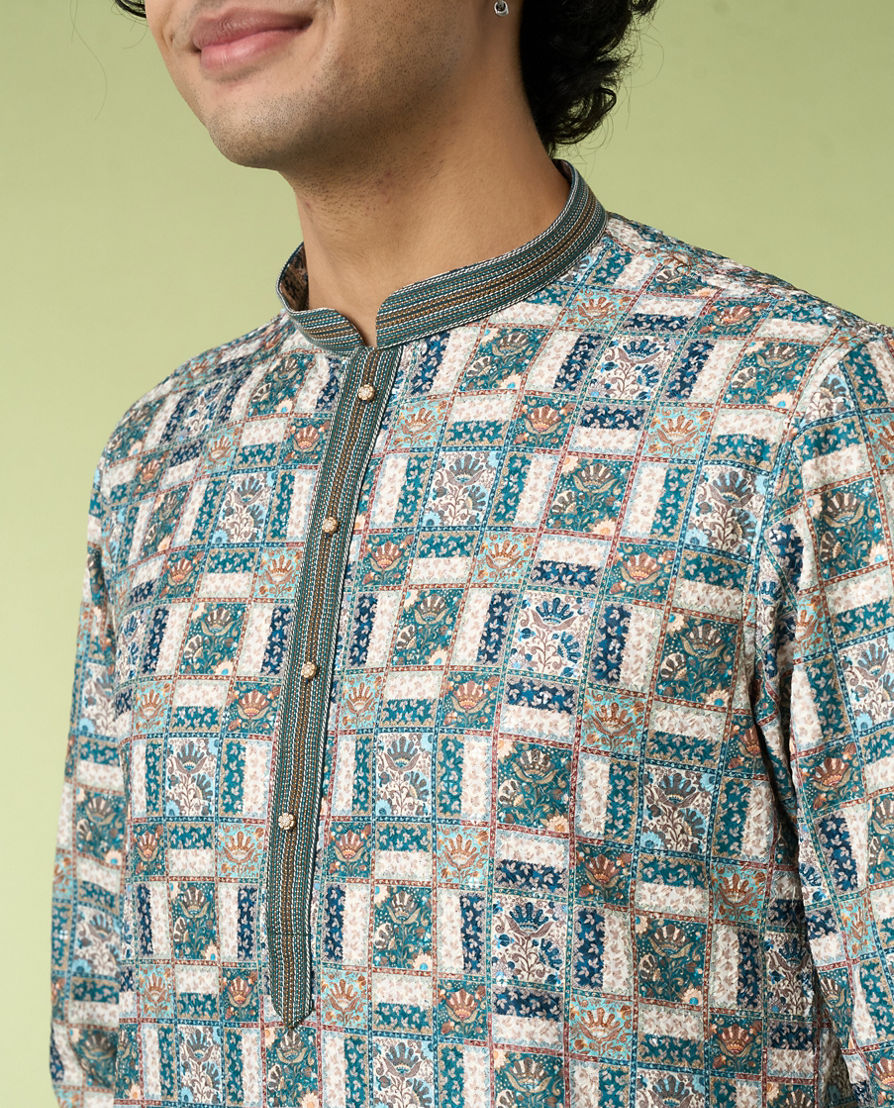 Diwas Men Teal Green Printed Kurta with Chikankari Design