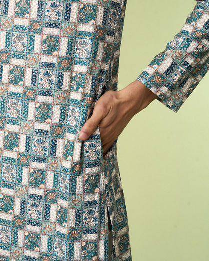 Diwas Men Teal Green Printed Kurta with Chikankari Design