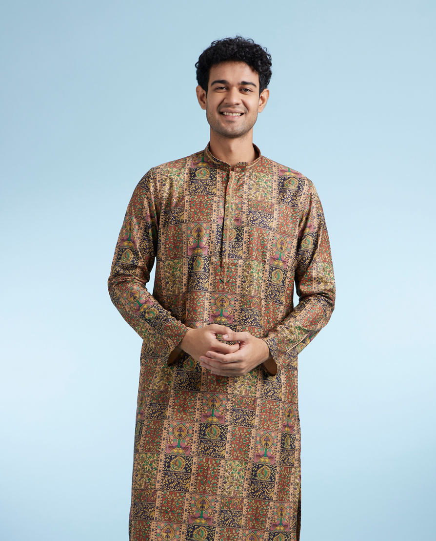 Diwas Men Mehndi Green Printed Kurta for Men
