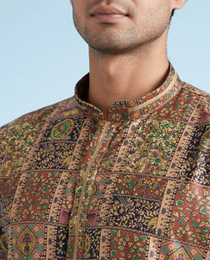 Diwas Men Mehndi Green Printed Kurta for Men