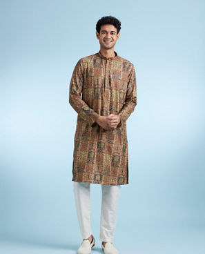 Diwas Men Mehndi Green Printed Kurta for Men