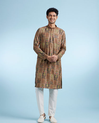 Diwas Men Mehndi Green Printed Kurta for Men