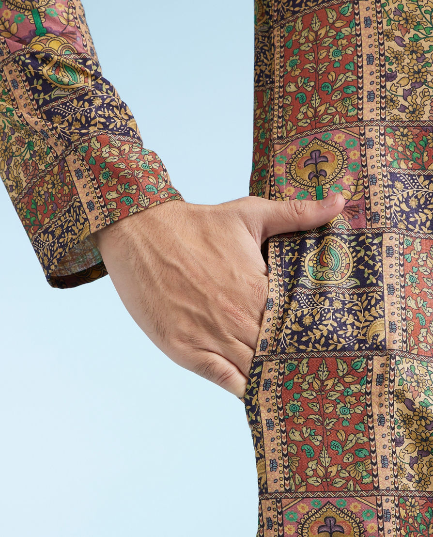 Diwas Men Mehndi Green Printed Kurta for Men