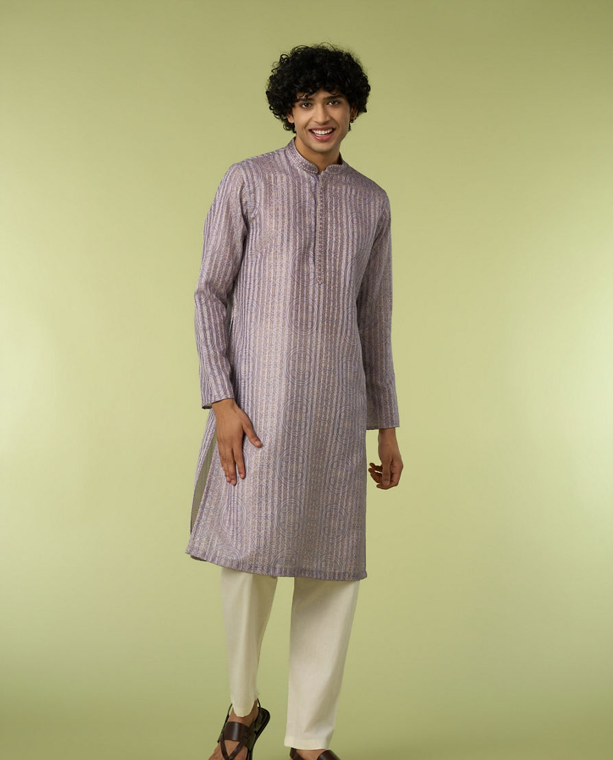 Diwas Men Silk Printed Kurta in Lilac