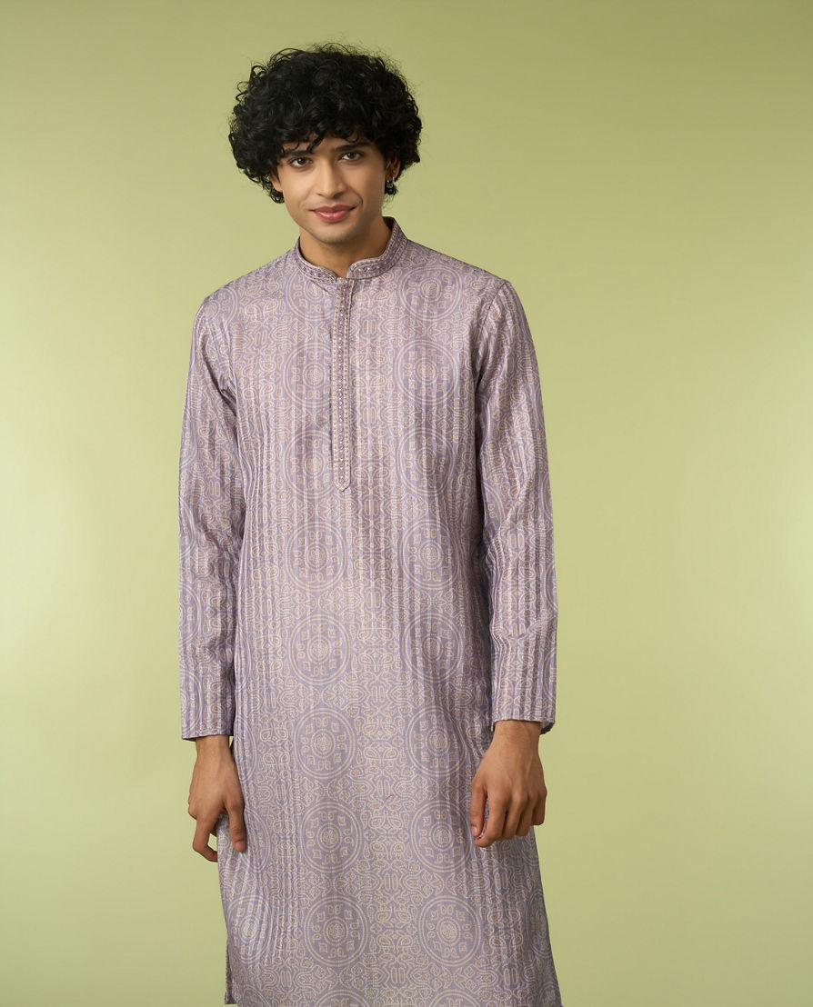 Diwas Men Silk Printed Kurta in Lilac