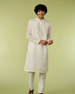 Diwas Men Art Silk Cream Kurta with Thread Embroidery
