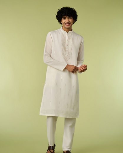 Diwas Men Art Silk Cream Kurta with Thread Embroidery