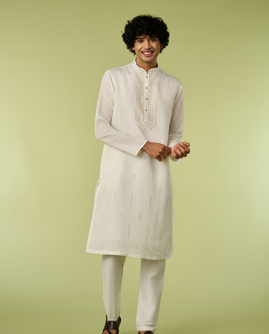 Diwas Men Art Silk Cream Kurta with Thread Embroidery