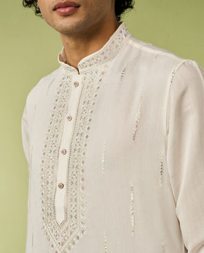 Diwas Men Art Silk Cream Kurta with Thread Embroidery