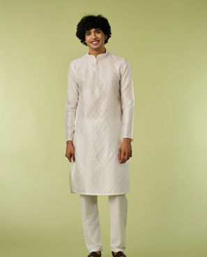 Diwas Men White Art Silk Kurta with Textured Weave