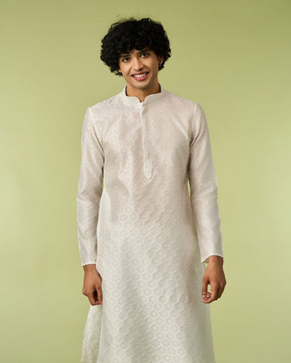Diwas Men White Art Silk Kurta with Textured Weave