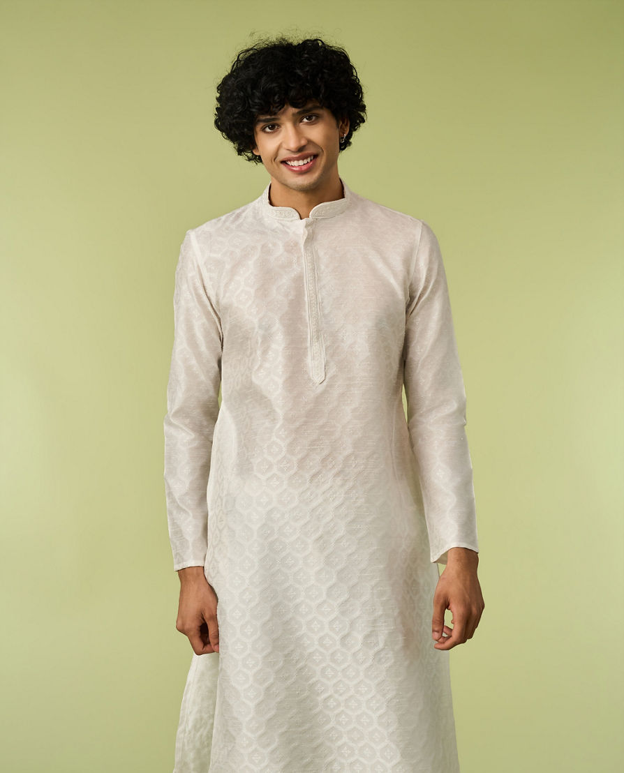Diwas Men White Art Silk Kurta with Textured Weave