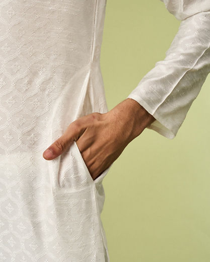 Diwas Men White Art Silk Kurta with Textured Weave