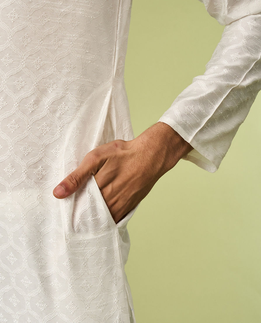Diwas Men White Art Silk Kurta with Textured Weave