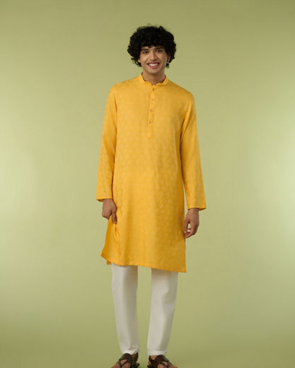 Diwas Men Yellow Blended Viscose Kurta with Self-Texture