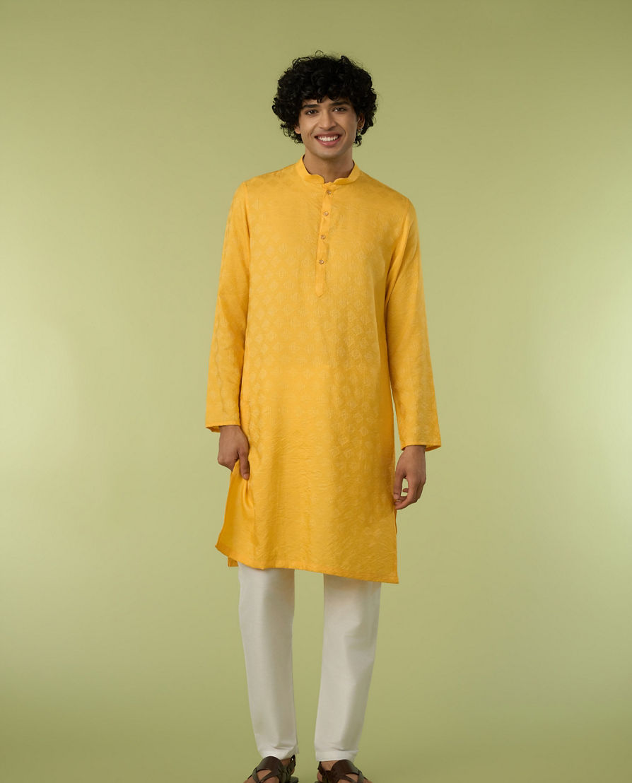 Diwas Men Yellow Blended Viscose Kurta with Self-Texture
