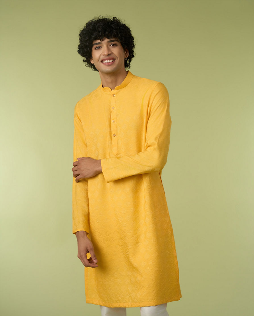 Diwas Men Yellow Blended Viscose Kurta with Self-Texture