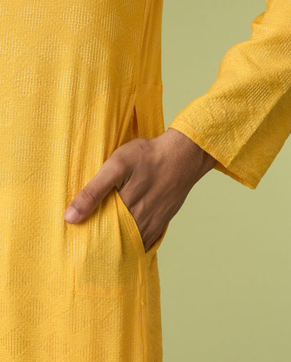 Diwas Men Yellow Blended Viscose Kurta with Self-Texture