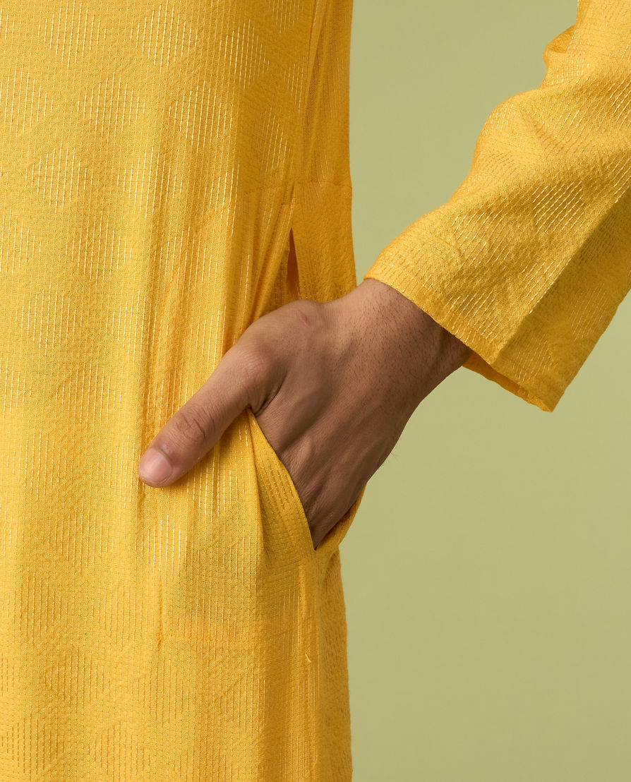 Diwas Men Yellow Blended Viscose Kurta with Self-Texture