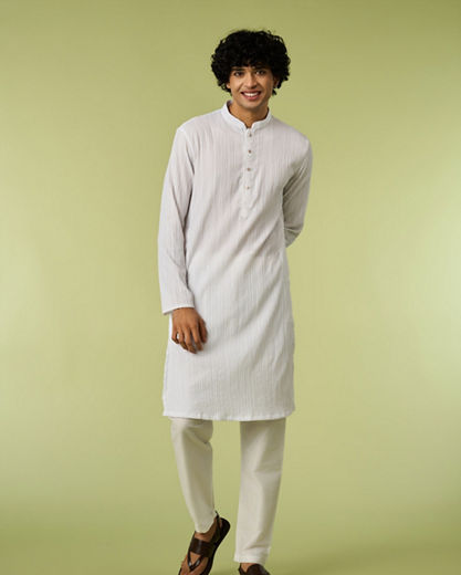 Diwas Men White Spandex Kurta with Self-Texture