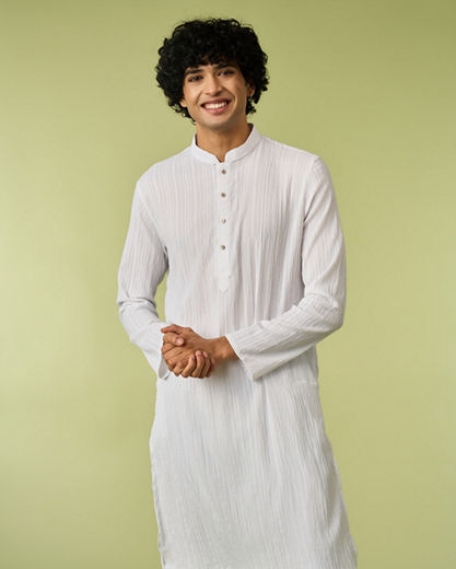 Diwas Men White Spandex Kurta with Self-Texture