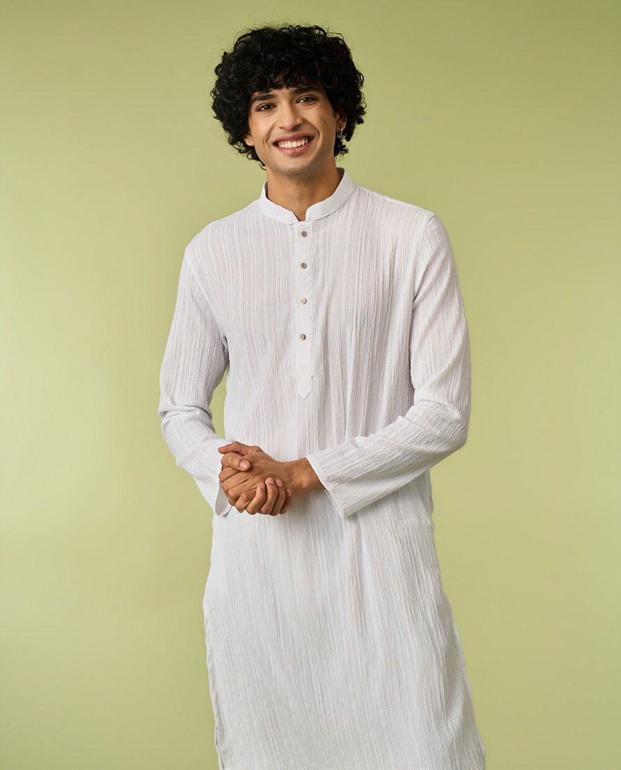 Diwas Men White Spandex Kurta with Self-Texture