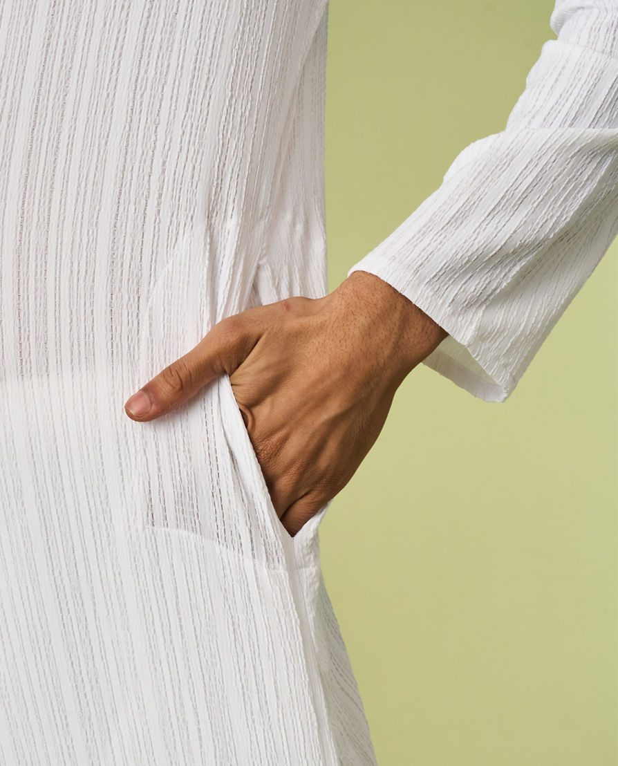 Diwas Men White Spandex Kurta with Self-Texture