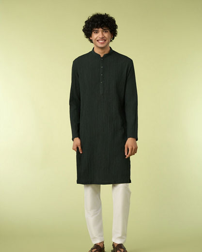 Diwas Men Dark Green Self-Textured Kurta
